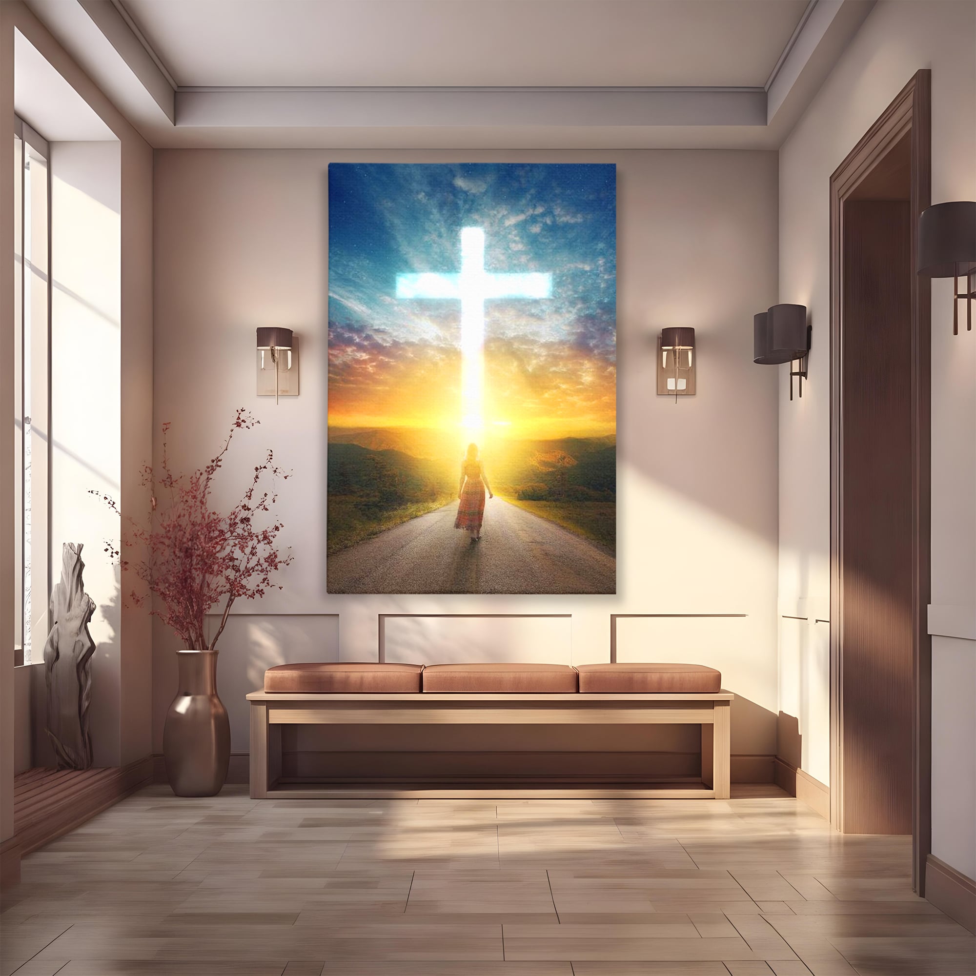 Tablou canvas cu tablou canvas cu o femeie pe drum spre o cruce luminoasa, fara rama, pe sasiu de lemn